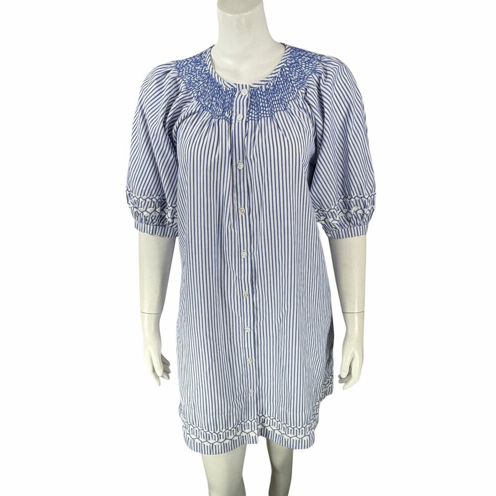Oliphant Sconset Mini Dress Small Embroidered Button Blue Pinstripe Pockets